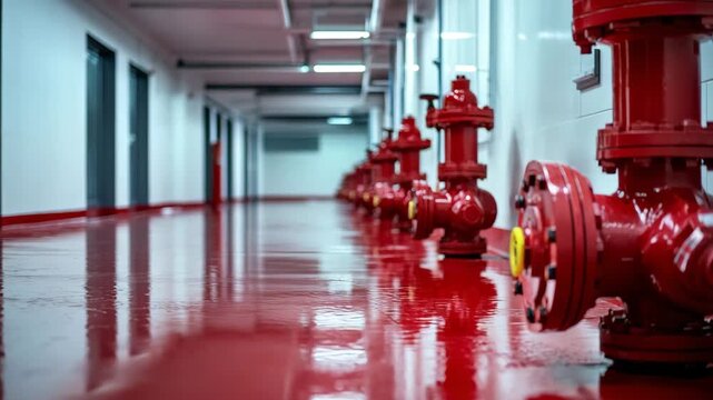 Row of Red Fire Sprinkler Valves in a Modern Industrial Building, Reflecting on a Glossy Red Floor, Safety System Inspection
