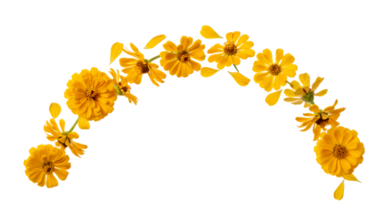 A beautiful archway adorned with vibrant yellow marigold flowers and scattered petals, symbolizing joy and celebration