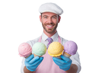 A cheerful male ice cream maker holding colorful scoops, isolated on white and transparent background, cut out png