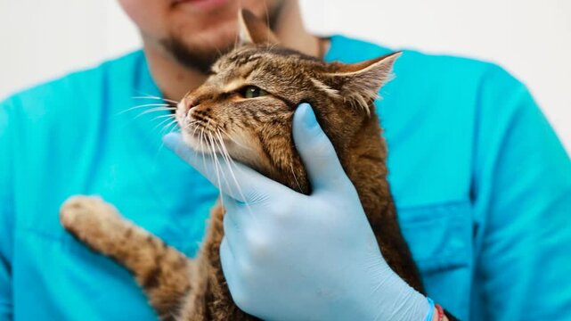 Cat at veterinary clinic having check up by the vet doctor