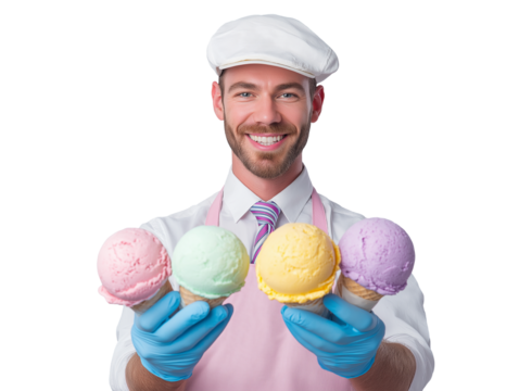 A cheerful male ice cream maker holding colorful scoops, isolated on white and transparent background, cut out png