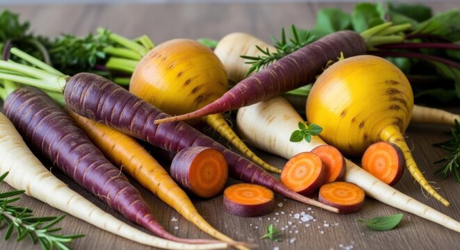 Colorful assortment of fresh root vegetables including purple and orange carrots, white parsnips, and yellow beets on a rustic wooden table with herbs and salt.