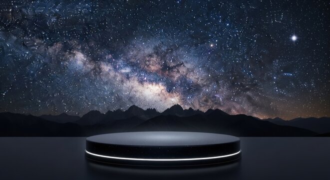 A black, circular, illuminated platform with a starry night sky and mountain range in the background. - Powered by Adobe