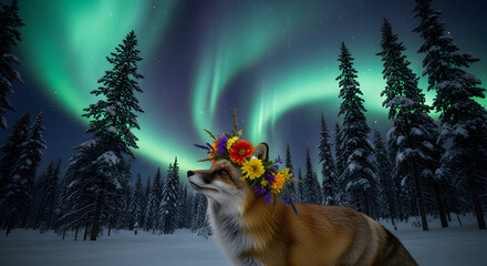 Fox with flower crown under aurora borealis northern lights
