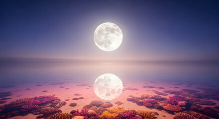 Full Moon Reflected in Coral Reef Under Twilight Sky Keywords: moon, full moon, night, sky