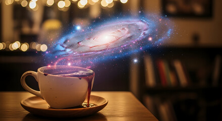 Galaxy Swirling Above Coffee Cup In Cafe nebula space