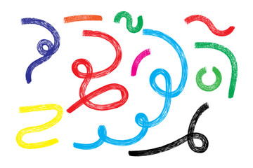 Colorful curved lines with loops isolated on white. Hand drawn bold grunge wavy brush strokes. vector scribbles, trendy style 