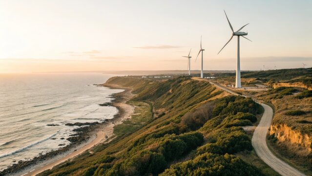 Wind turbines on coastal hill during a beautiful golden hour - Powered by Adobe