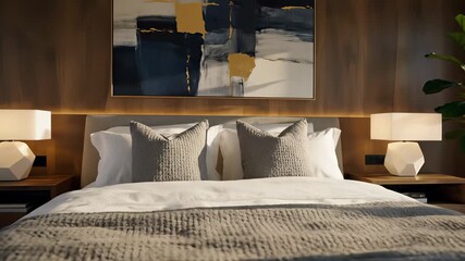 Modern bedroom sanctuary features spacious bed with crisp white linens, plush pillows, stunning large scale painting adorning wall, perfect for background or atmosphere in various projects.