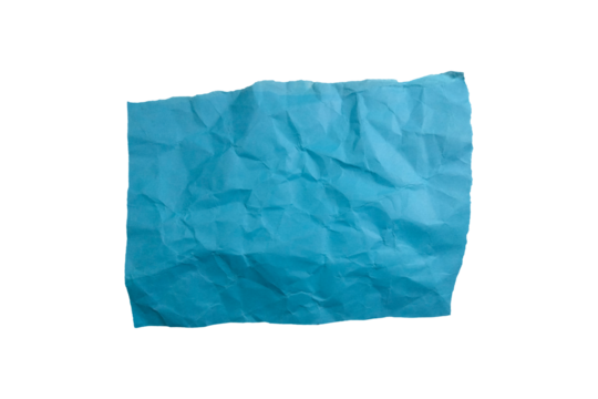 A single piece of crumpled turquoise blue paper with torn, rough edges. Isolated on a transparent background, rough and wrinkled texture.