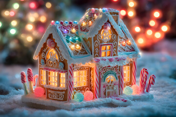 Enchanted Gingerbread House with Candy Canes and Colorful Lights on Snowy Ground at Night, Perfect Christmas Holiday Decoration and Winter Dessert
