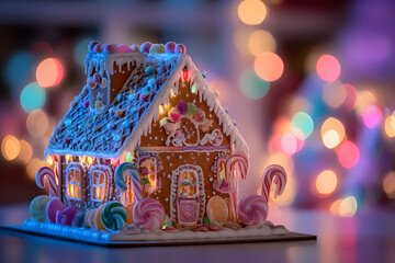 Festive Gingerbread House Decorated with Lollipops and Candy Canes, Illuminated by Warm Interior Light Against a Colorful Bokeh Background for Holiday Season