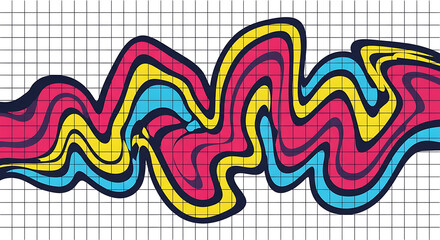 Abstract wavy lines in pink yellow and blue on grid background image
