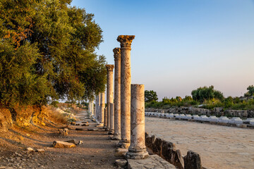 A perspective view of an ancient Roman colonnade with Corinthian capitals and stone pavement under...