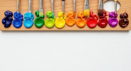 A wooden art palette with a rainbow spectrum of paint colors on brushes, arranged neatly on a white background.