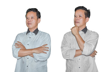 Southeast Asian man pondering and posing with arms crossed on transparent background