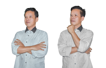Southeast Asian man pondering and posing with arms crossed on transparent background