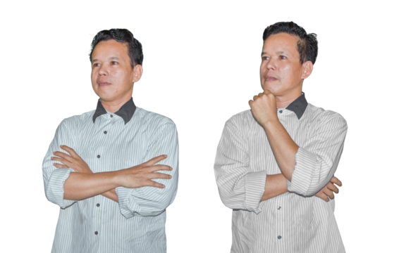 Southeast Asian man pondering and posing with arms crossed on transparent background