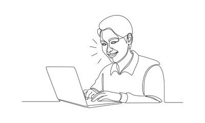 Happy young man using a laptop computer in a single line illustration