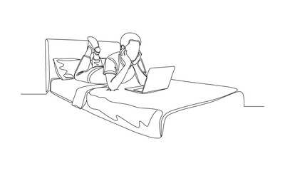 Minimalist line art of a person working on a laptop in bed