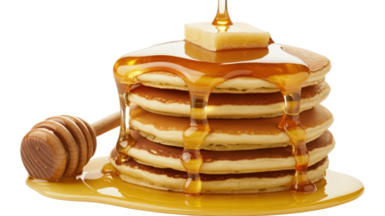 Stacked Pancakes with Butter and Dripping Honey Served with Wooden Honey Dipper Breakfast Staple on Transparent Background for Restaurant Menu or Recipe Image