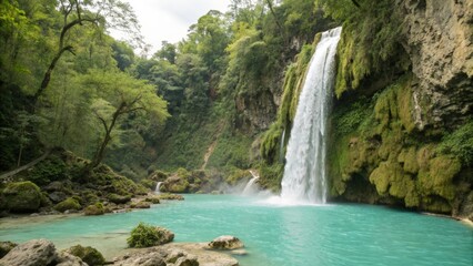 Obraz premium A cascading waterfall flowing into a turquoise pool