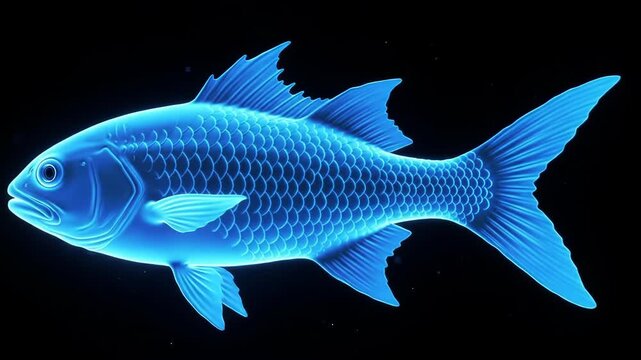 Glowing blue fish isolated on black. Ideal for science, tech, design, and fantasy concepts