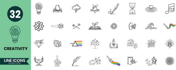 Creativity Line Icons Set 32 Creative Thinking, Art, Innovation, and Imagination Outline Vector Illustrations