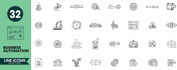 Business Automation Line Icons Set 32 Workflow, AI, Productivity, and Process Optimization Outline Vector Illustrations