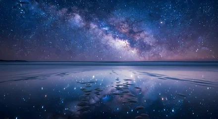 Tableau sur plexiglas Réflexion Milky Way galaxy reflected on a wet beach at night  © FATEMA