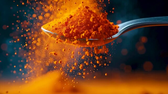Spice Burst: Capturing the vivid energy of a spice explosion, a spoon brimming with turmeric powder is poised against a dynamic background, inviting the viewer into a realm of culinary exploration.