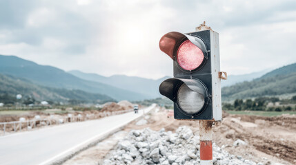 Portable traffic light showing red, controlling traffic flow on a rural road section with mountain backdrop during construction work
