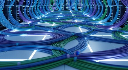 A vibrant, illuminated network of colorful data cables crisscrossing a modern server room floor, connecting to racks.