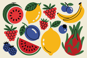 Vibrant Assortment of Fresh Fruits in a Flat Illustration Style Keywords: fruit, assorted, collection, watermelon, lemon, raspberry, blueberry