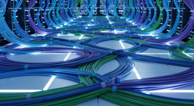 A vibrant, illuminated network of colorful data cables crisscrossing a modern server room floor, connecting to racks.