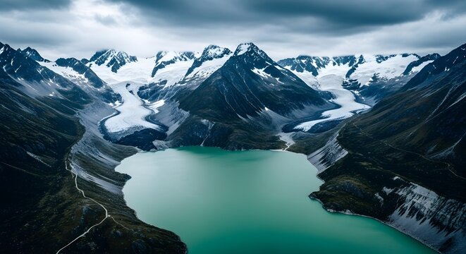 Dramatic aerial view of a glacial lake nestled among towering snow-capped mountains under a moody, overcast sky.