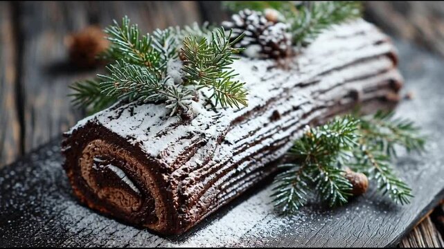 Yule Log Cake With Powdered Sugar Pine