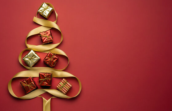 Stylized Christmas tree made from red and gold presents with ribbon on red background, expressing festive warmth and holiday celebration spirit.