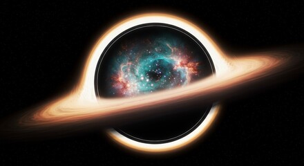 A supermassive black hole contains an entire spiral galaxy universe within its glowing accretion disk and event horizon ring in deep space via 3D animation. Perfect as a looping VFX element for cosmol