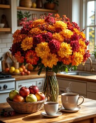 Colorful bouquet of flowers with apples and coffee cups in kitchen  