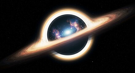 A supermassive black hole contains an entire spiral galaxy universe within its glowing accretion disk and event horizon ring in deep space via 3D animation. Perfect as a looping VFX element for cosmol