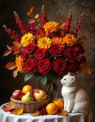 White cat next to autumn fruit basket and colorful flower arrangement  