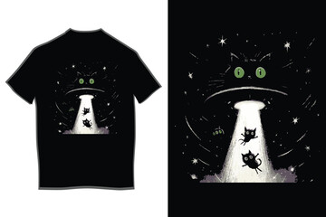 Black cat alien spaceship with big green eyes abducting three small cute cat heads using a bright white tractor beam in the starry night sky © BongoBashor