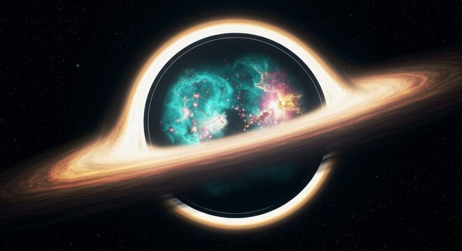 A supermassive black hole contains an entire spiral galaxy universe within its glowing accretion disk and event horizon ring in deep space via 3D animation. Perfect as a looping VFX element for cosmol - Powered by Adobe