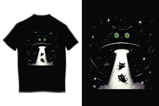 Black cat alien spaceship with big green eyes abducting three small cute cat heads using a bright white tractor beam in the starry night sky