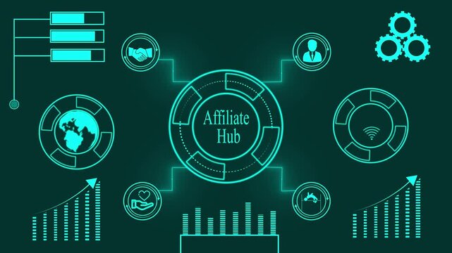 Digital affiliate hub system diagram with global and financial icons Keywords: affiliate hub, affiliate marketing, business, network, technology, digital, diagram, infographic, growth, charts