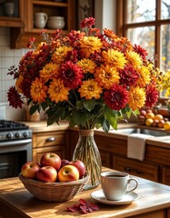Colorful bouquet of flowers and apples on kitchen countertop  