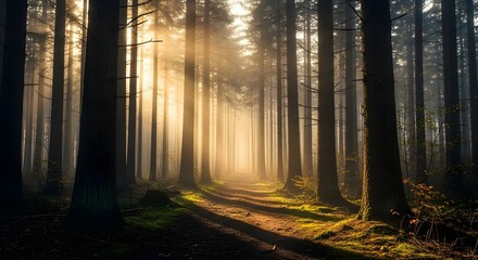 Obraz premium Sunlight streams through a tranquil forest path, creating a magical and inviting woodland scene.