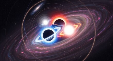 Two stars in close orbit transfer mass with bright accretion streams and polar jets surrounded by colorful gas rings in 3D animation. Ideal for stellar evolution or high-energy astronomy visuals.