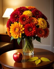 Colorful flower bouquet with red and yellow blooms on table  
